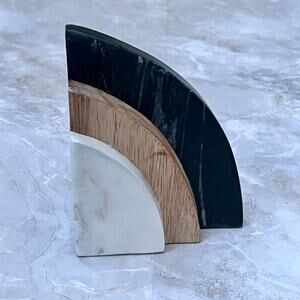 Single Arched Marble and Wood Bookend 5" Black & White Marble